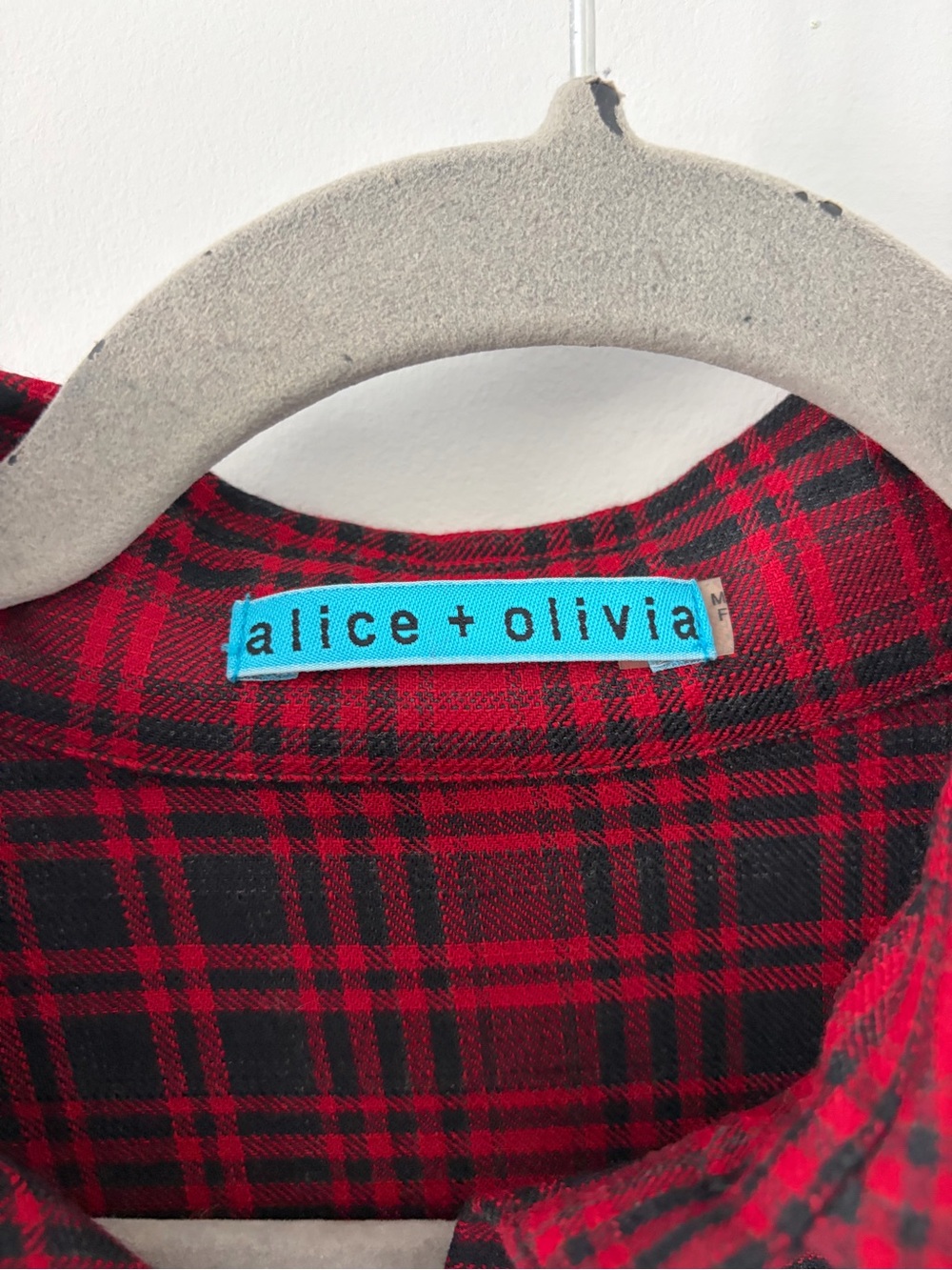 Vintage Alice + Olivia Red Black Plaid Wool Viscose Flounce Sleeve Fall Top S - Picture 3 of 7
